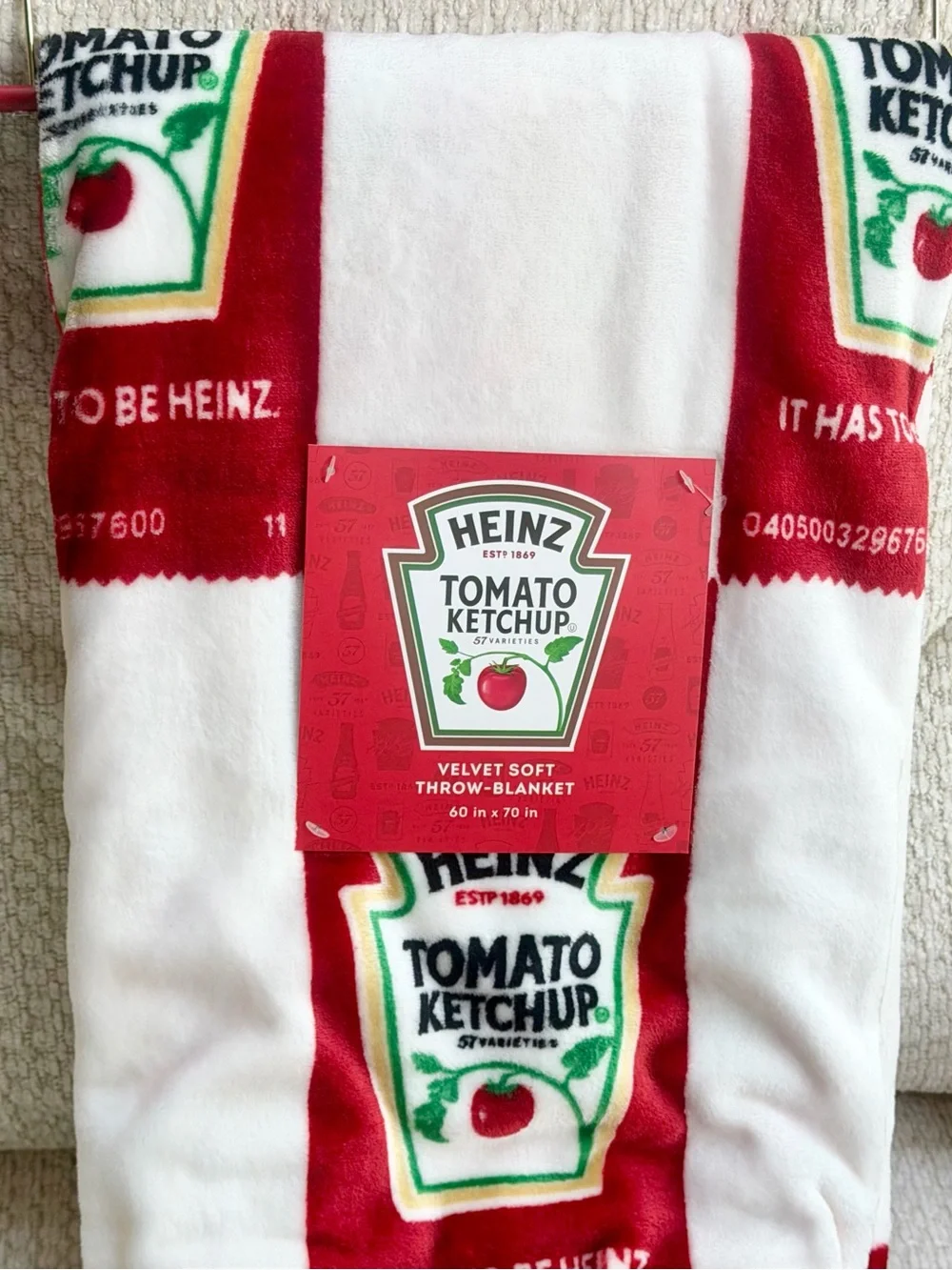 Heinz Tomato Ketchup Plush Throw Blanket 60x70 Red White Funny Gift Picnic NWT